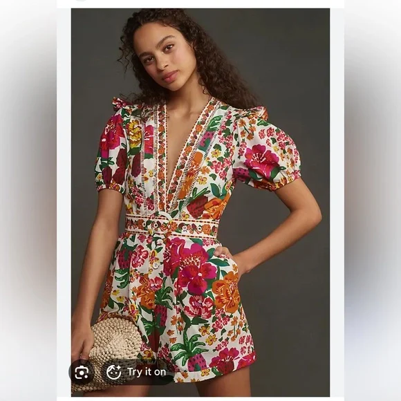 FARM Rio White Floral Belted Romper with Pink, Green & Yellow - Picture 6 of 7